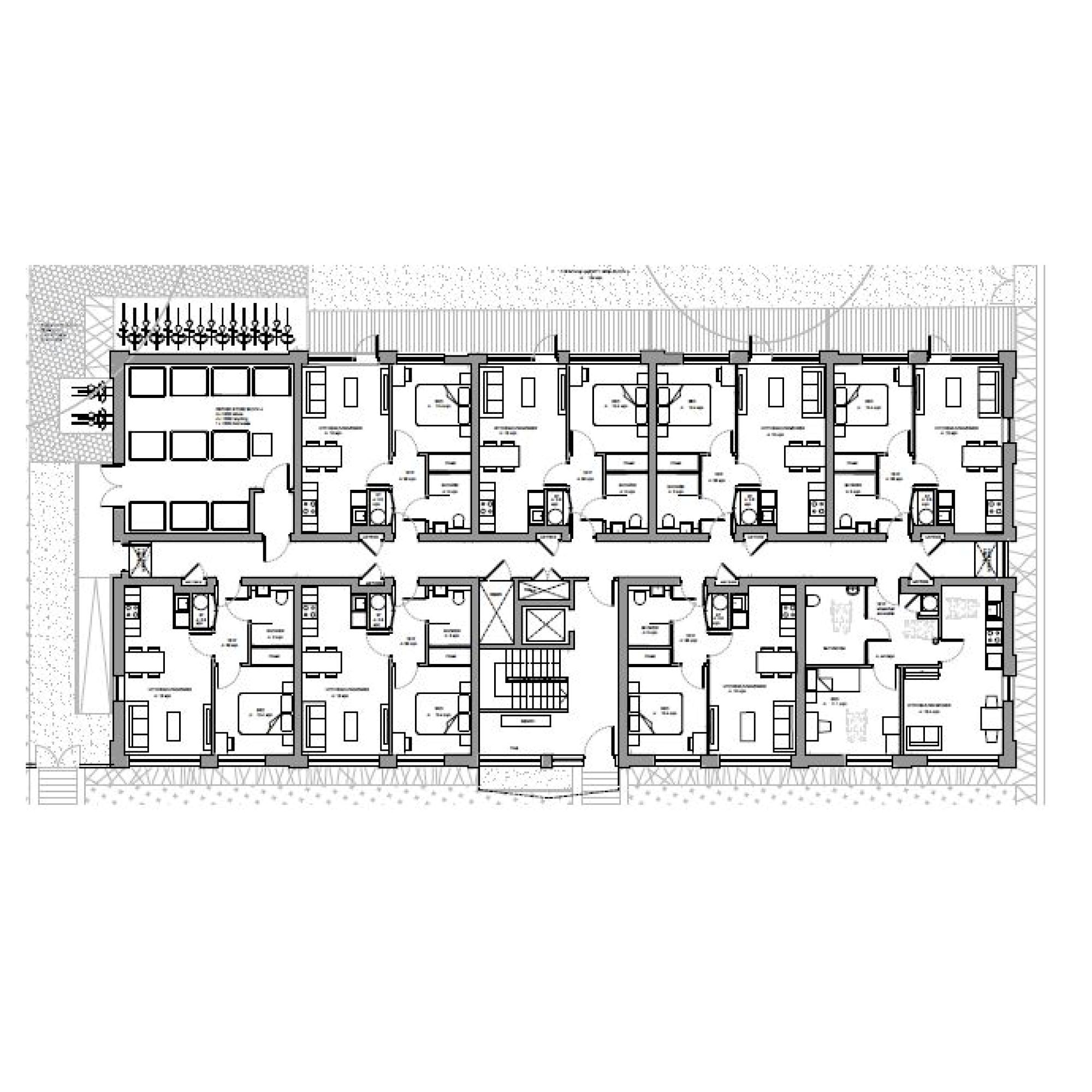Block A ground floor plan. The core is located centrally in the Avenue frontage subdividing the building into two parts.