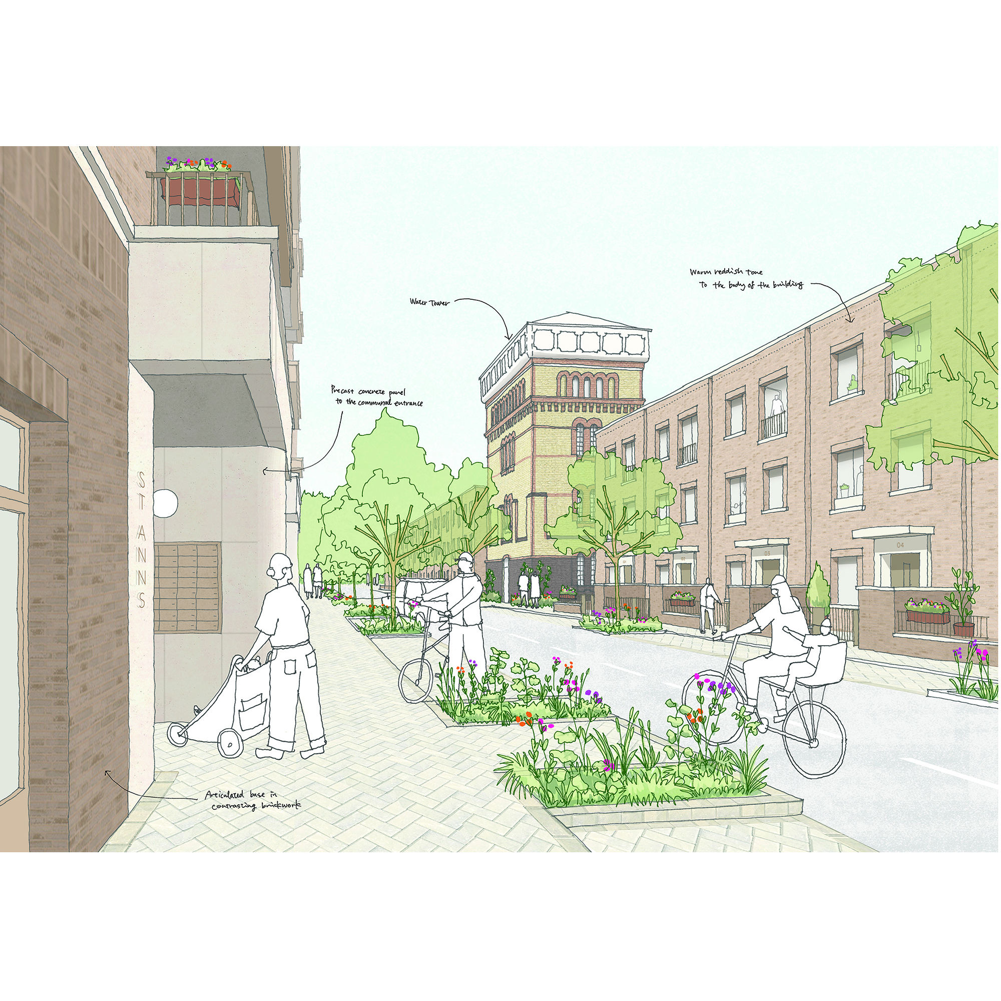 Sketch_view_of_Phase_1A_terraced_housing_towards_the_Water_Tower_©Karakusevic_Carson_Architects