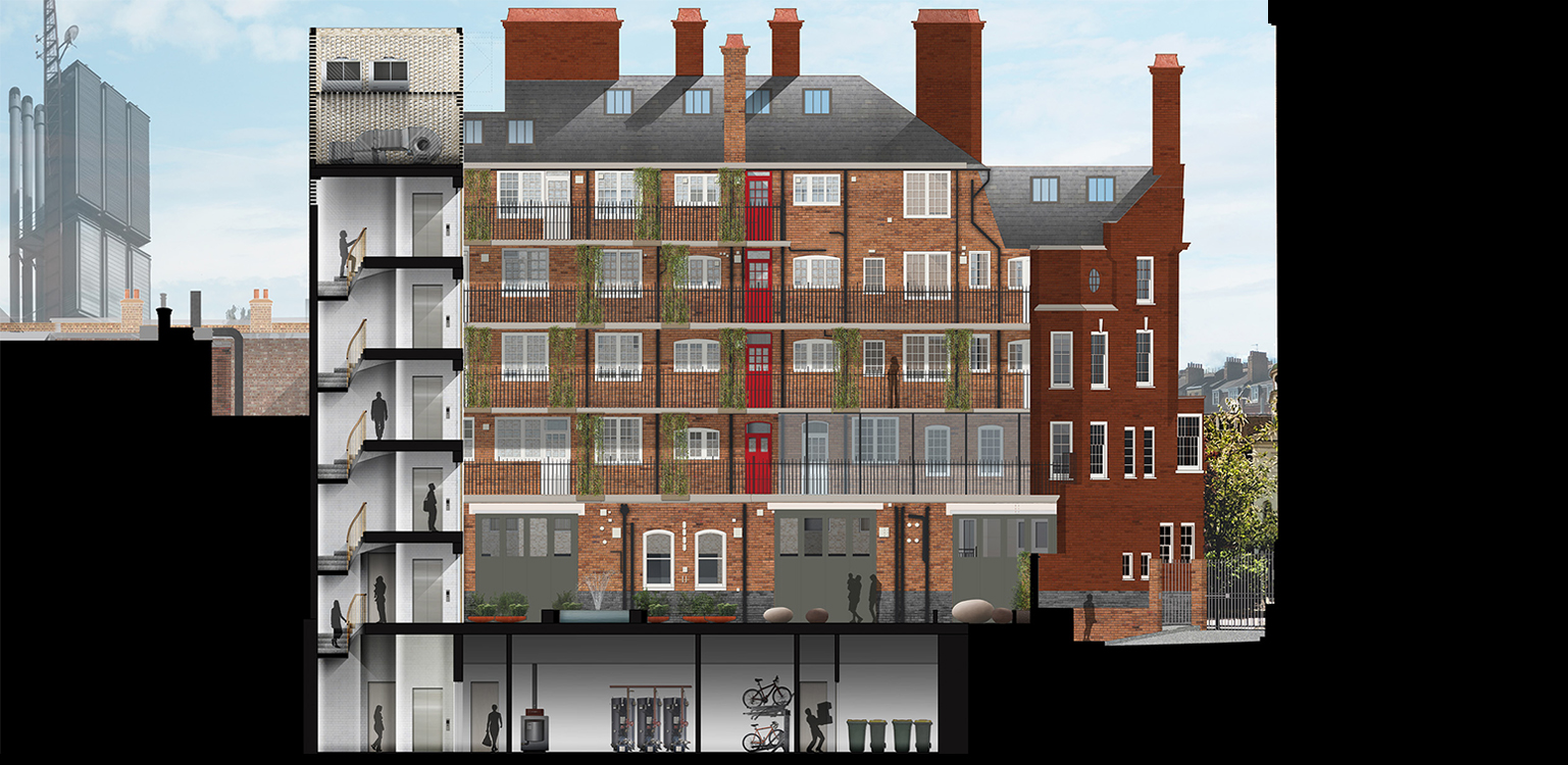 Rear rendered section through courtyard facing the Fire Station