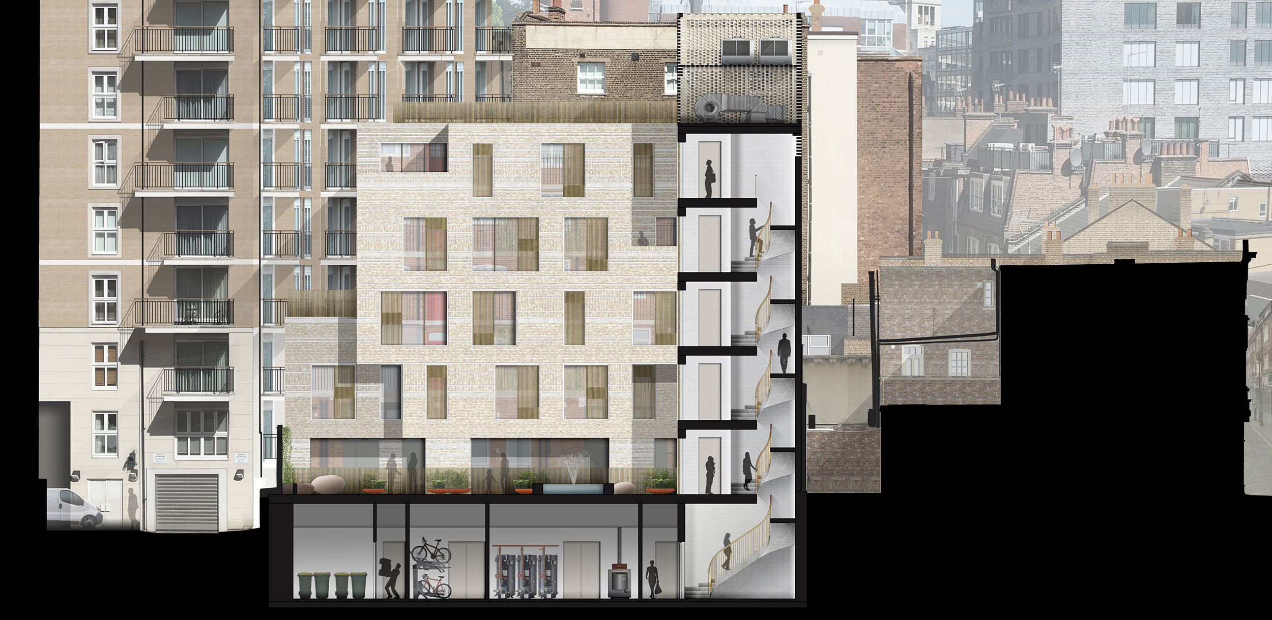 Rear rendered section through courtyard facing new building